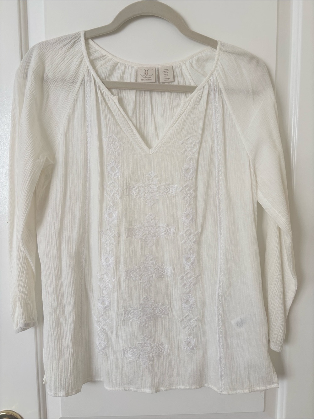 Catherine Malandrino White V-Neck Long Sleeve Embroidered Tunic Top